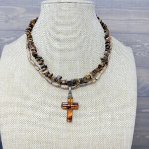 Sterling Silver Amber Cross Pendant Tiger's Eye and Jasper Bead Strand Necklace